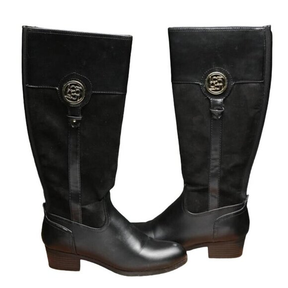 Liz Claiborne Tilia Black Mixed Suede and Leather Stacked Heel Riding Boots 7.5 - Picture 1 of 5